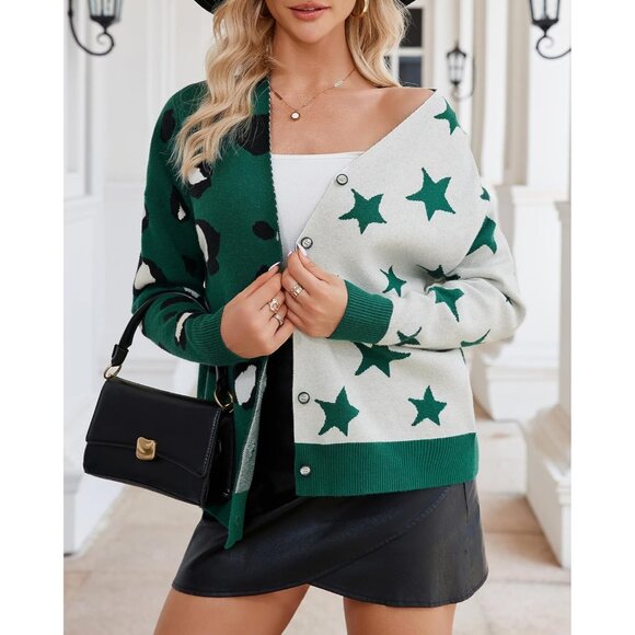 Women's Leopard Star Cardigan V-Neck Long Sleeve Button Down Oversized - Picture 7 of 7